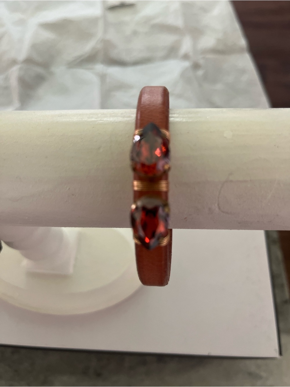 Women’s Brown Leather Bracelet with Red Teardrop Gem Accents